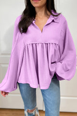 Phalaenopsis Corded Turn-down V Neck Bubble Sleeve Babydoll Blouse Blouses & Shirts JT's Designer Fashion