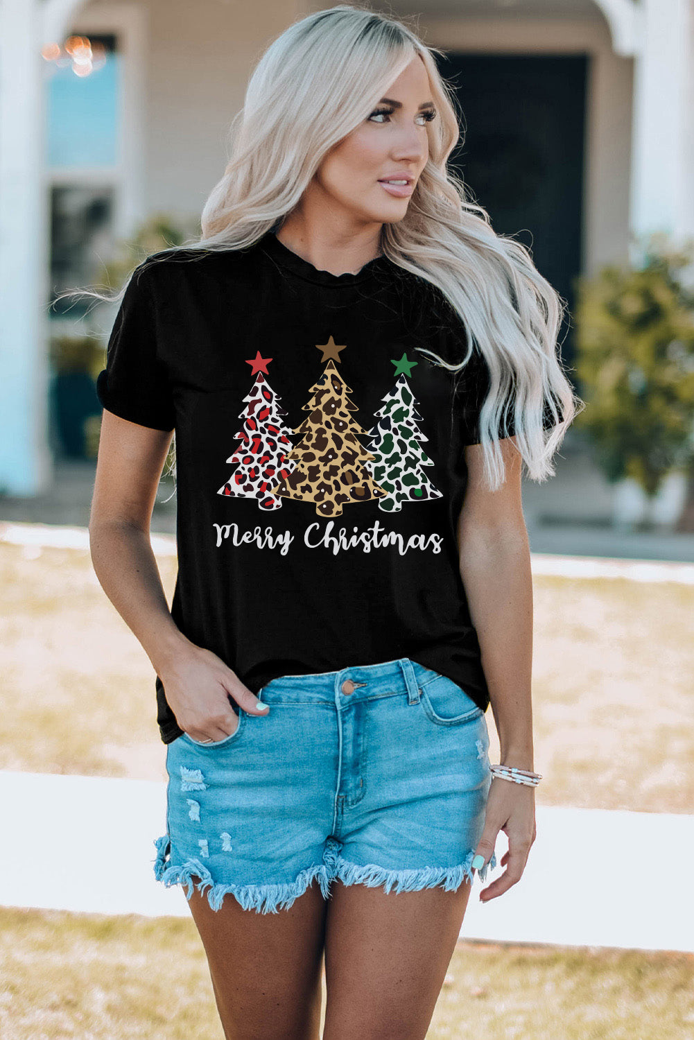 Black Leopard Tree Merry Christmas Graphic T Shirt Graphic Tees JT's Designer Fashion