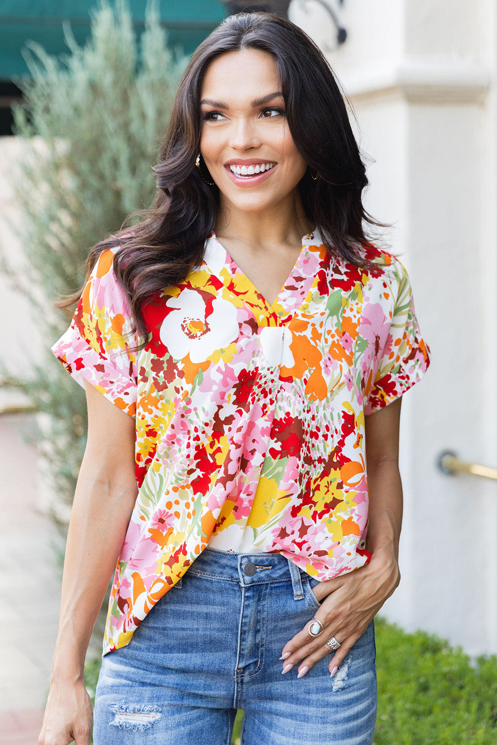 White Boho Floral Print V Neck Short Sleeves Top Blouses & Shirts JT's Designer Fashion