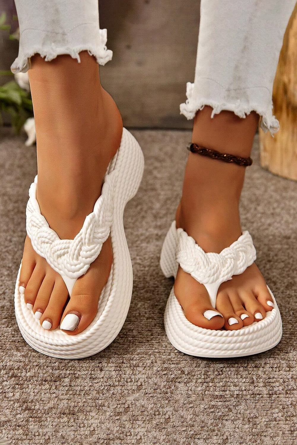 White Braided Pattern Thick Sole Flip Flop Slippers JT's Designer Fashion