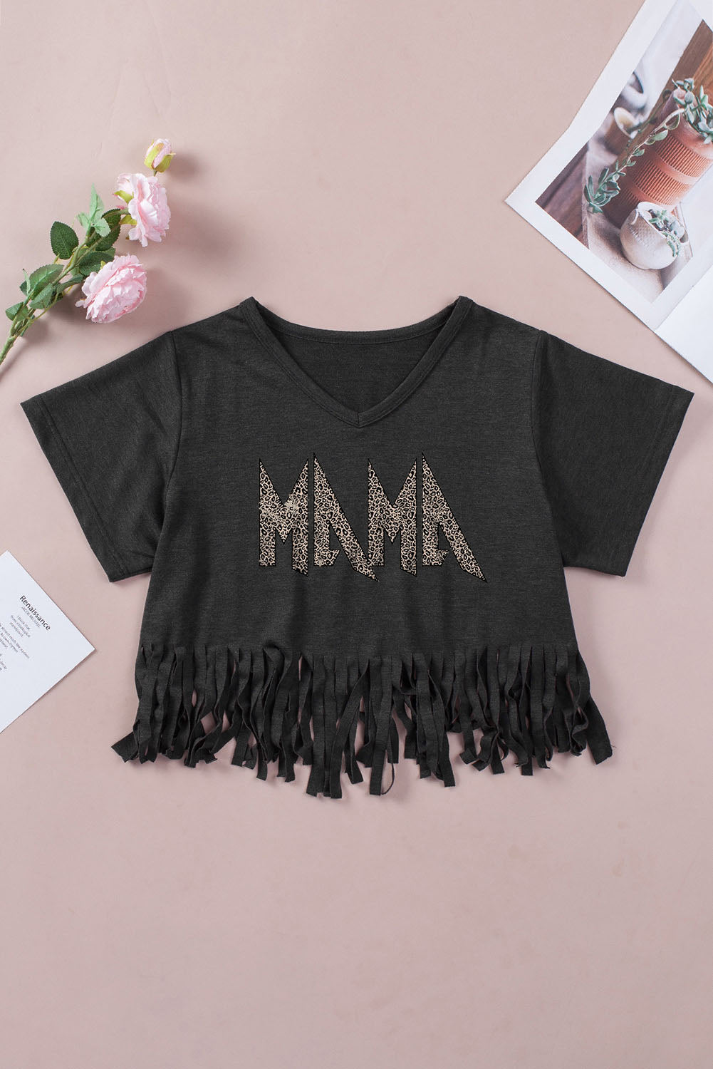 Black Leopard MAMA Fringed Hem Top Graphic Tees JT's Designer Fashion