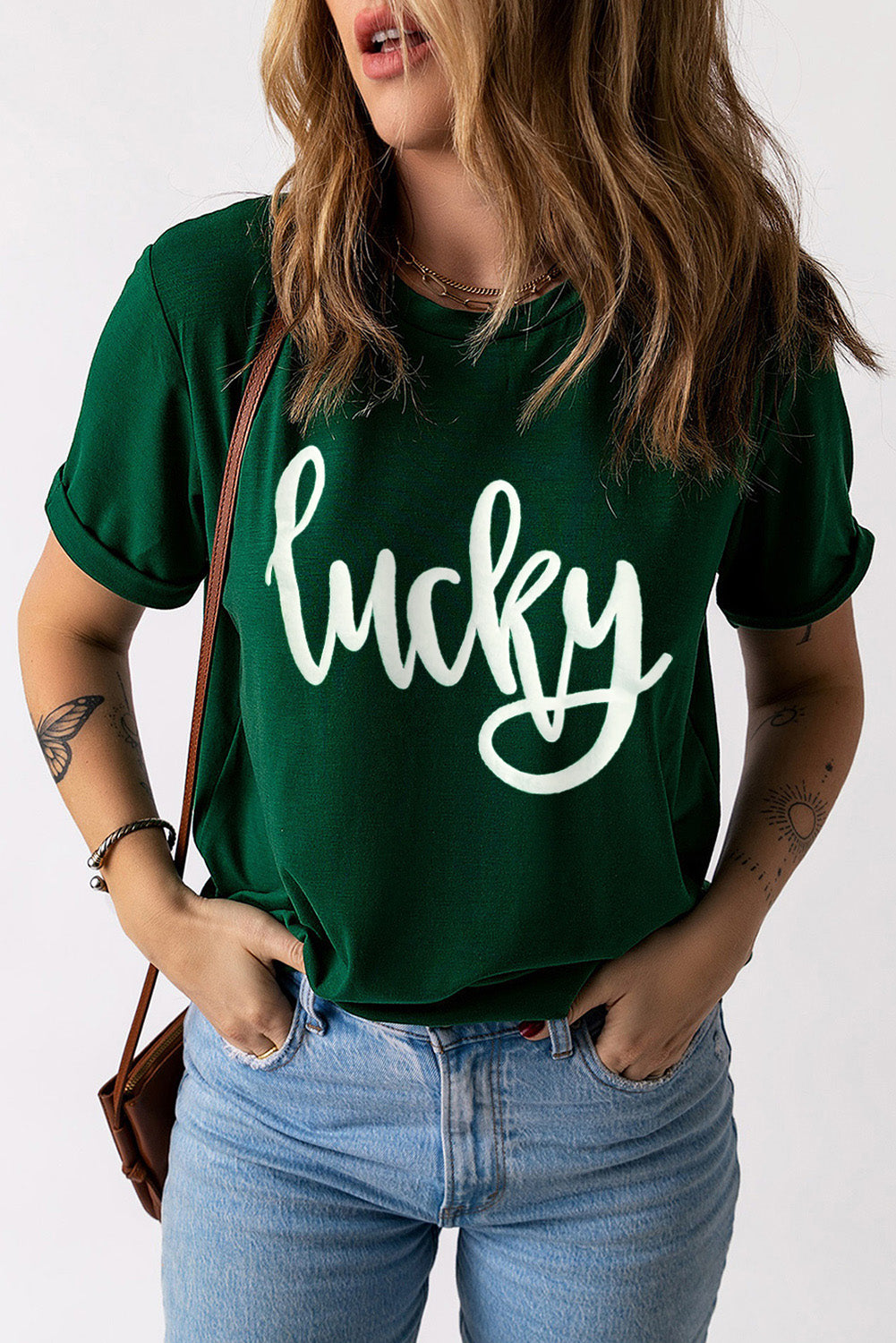 Green St. Patricks Lucky Puff Print Round Neck Casual Tee Graphic Tees JT's Designer Fashion