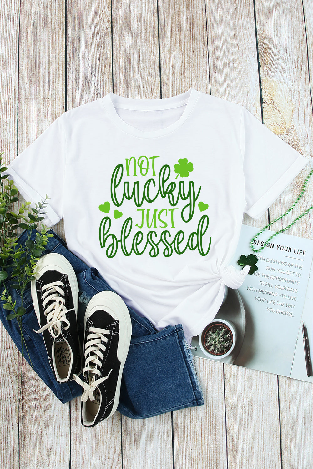 White St Patricks Not Luck Just Blessed Graphic T-shirt Graphic Tees JT's Designer Fashion