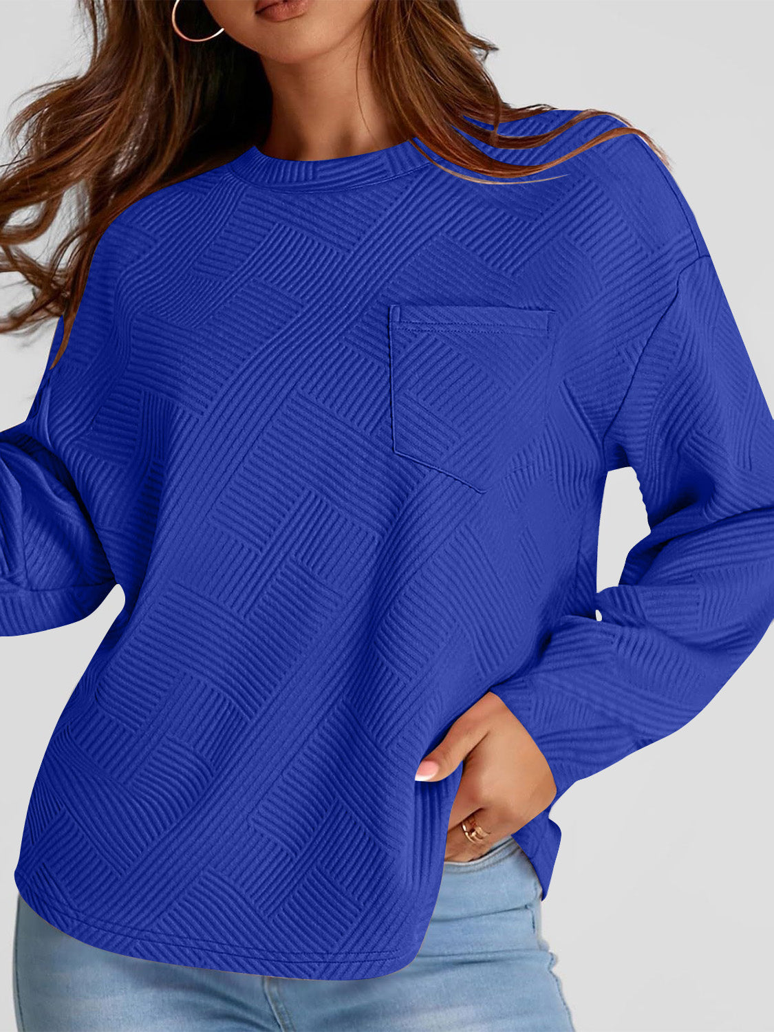 Full Size Texture Round Neck Long Sleeve Sweatshirt Royal Blue Long Sleeve Tops JT's Designer Fashion