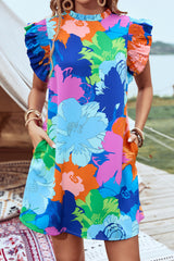 Blue Bold Floral Flutter Sleeve Shift Mini Dress with Pockets Floral Dresses JT's Designer Fashion