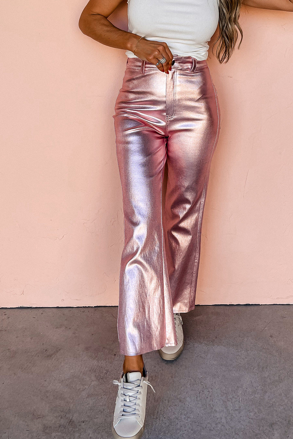 Pink Metallic Luster Flare Leg Pants Bottoms JT's Designer Fashion