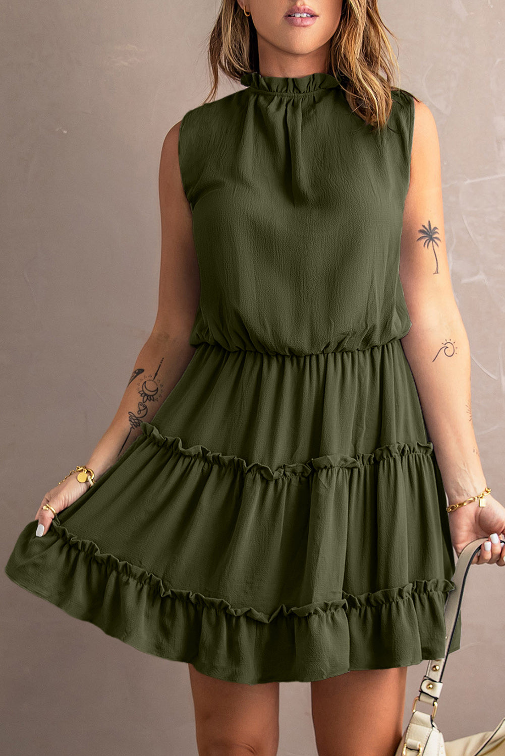 Green Sleeveless V Neck Ruffled Swing Mini Dress Mini Dresses JT's Designer Fashion