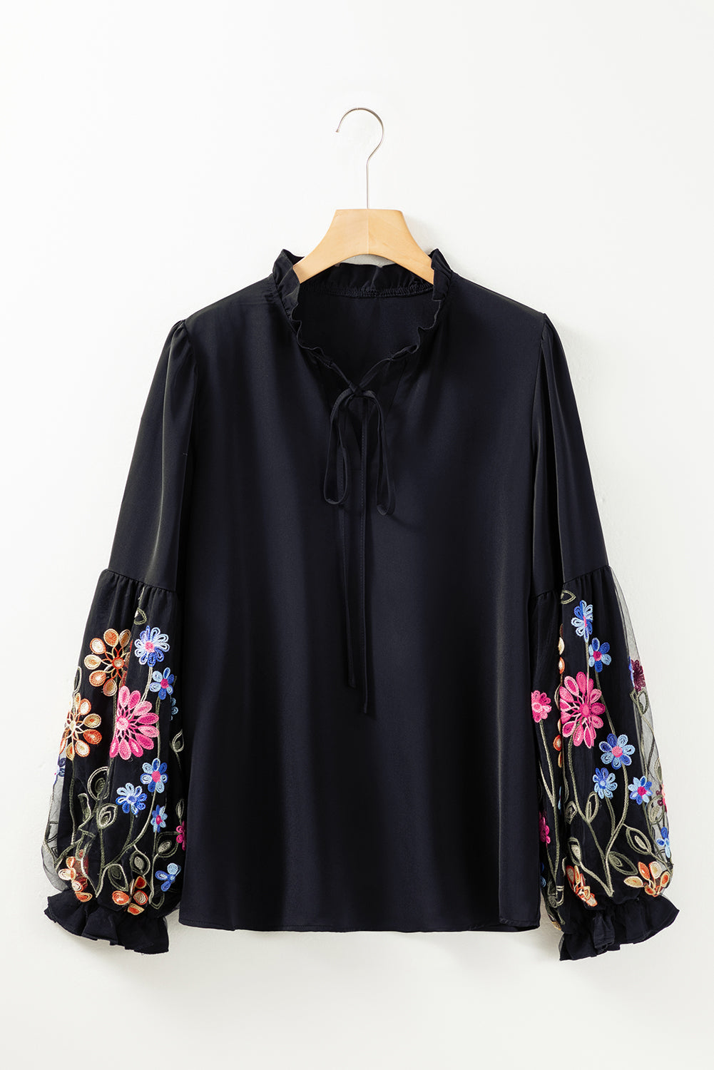 Black Floral Patched Flounce Sleeve Split Neck Blouse Blouses & Shirts JT's Designer Fashion