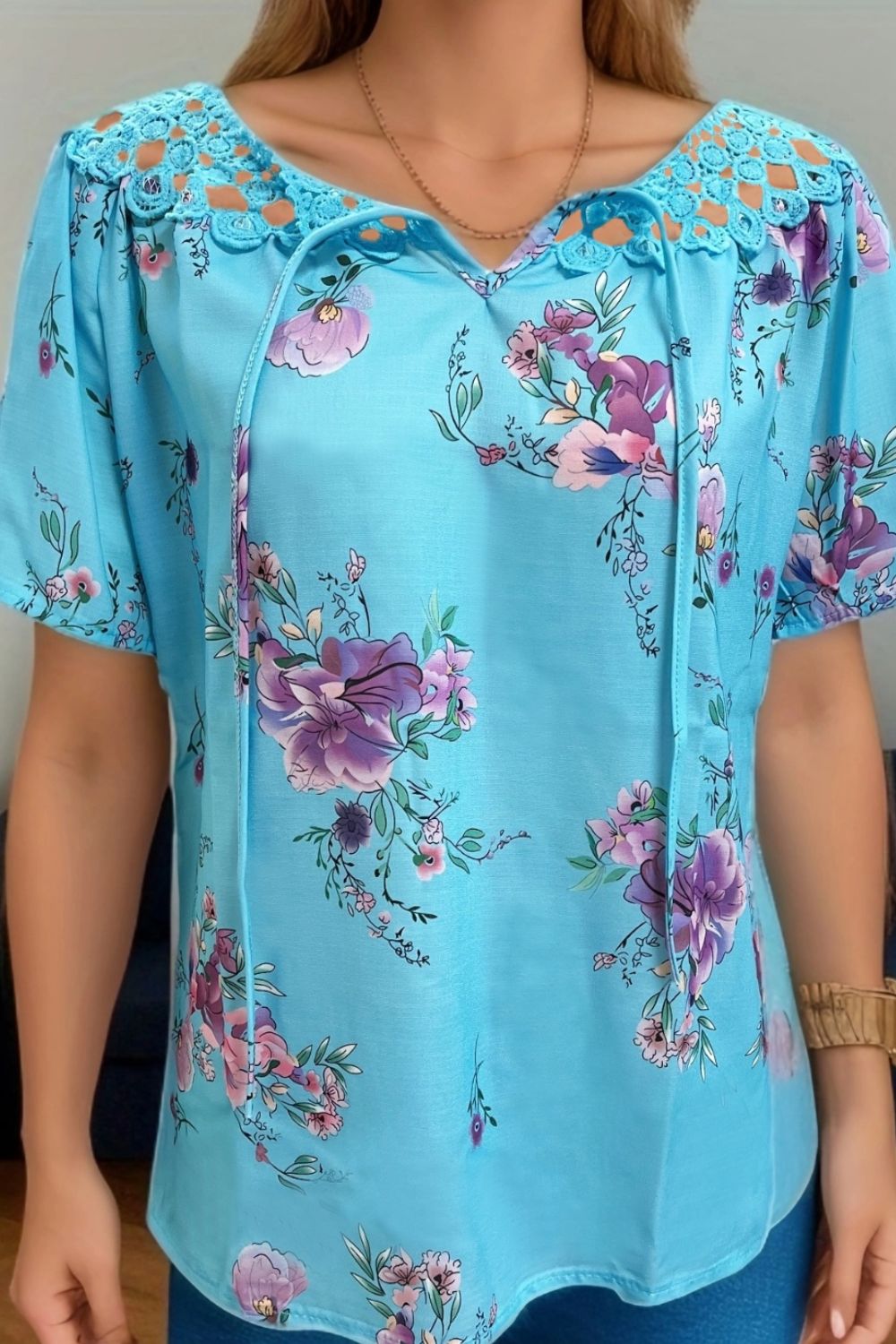 Full Size Printed Tie Neck Short Sleeve Blouse Pastel Blue Blouses & Shirts JT's Designer Fashion