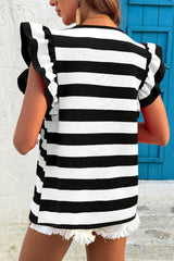 Black Stripe Flutter Sleeve Round Neck T Shirt Pre Order Tops JT's Designer Fashion
