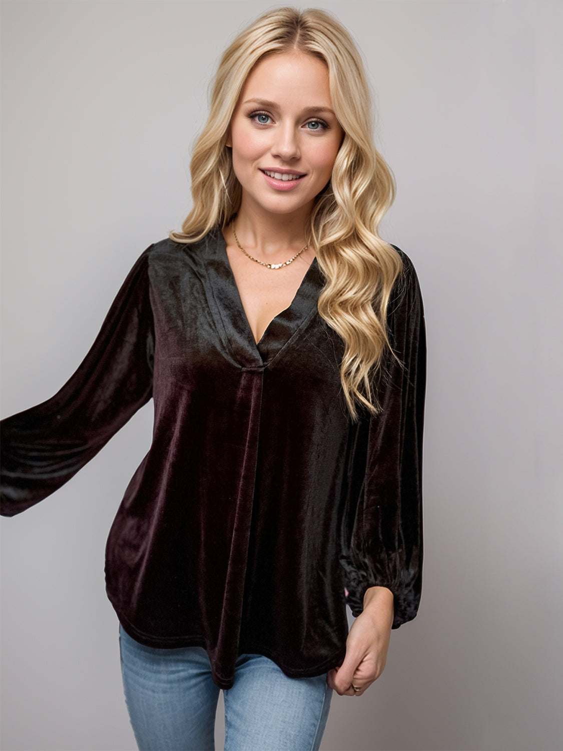 V-Neck Three-Quarter Sleeve Blouse Black Long Sleeve Tops JT's Designer Fashion