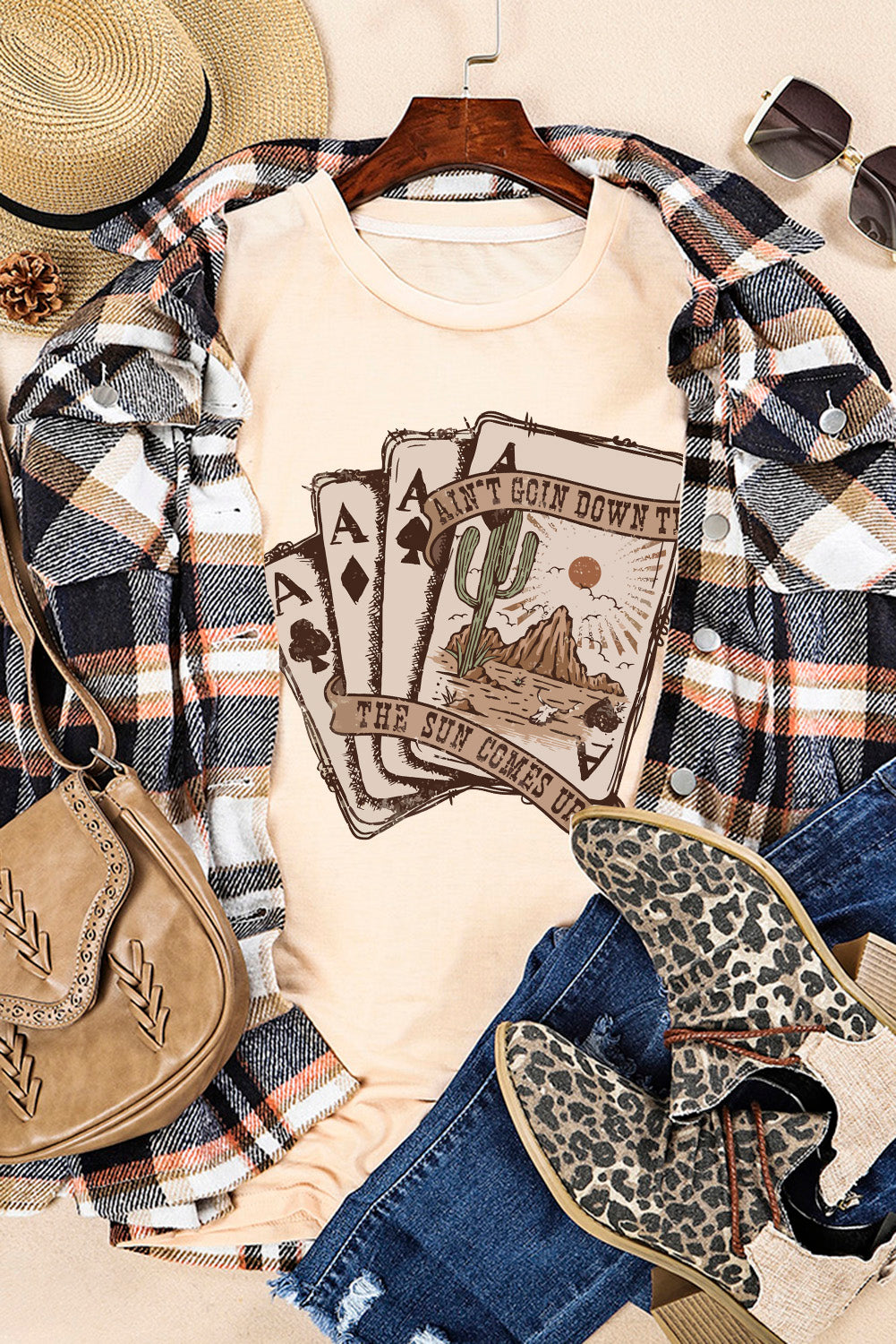 Khaki Western Poker Cards Graphic T Shirt Graphic Tees JT's Designer Fashion