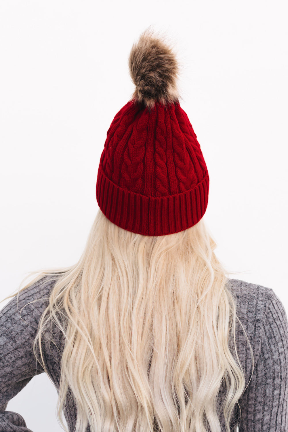 Red Cable Knit Furry Pompom Beanie Hats & Caps JT's Designer Fashion