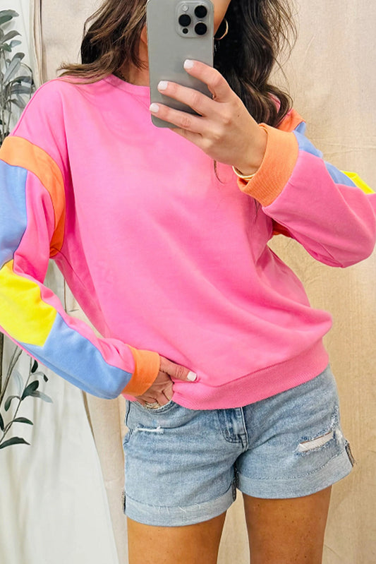 Pink Candy Colorblock French Terry Top Long Sleeve Tops JT's Designer Fashion