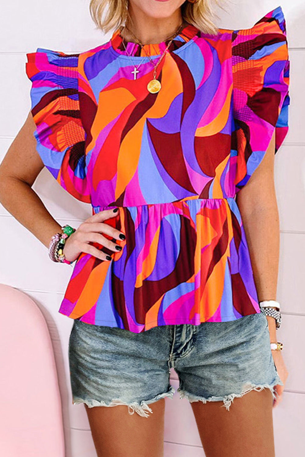 Orange Abstract Print Flutter Sleeve Peplum Blouse Tops & Tees JT's Designer Fashion