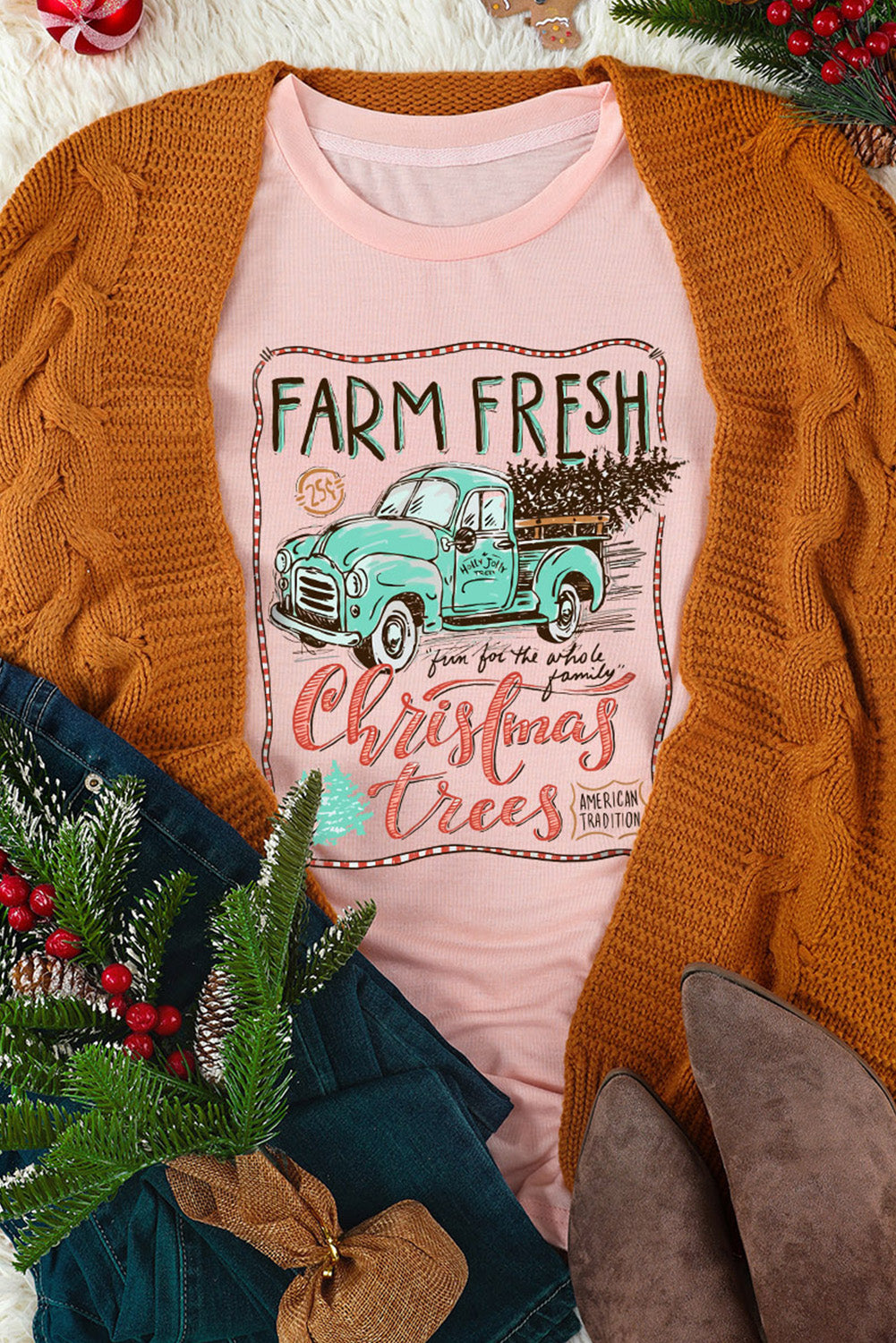 Pink Christmas Trees Truck Graphic Print T Shirt Graphic Tees JT's Designer Fashion