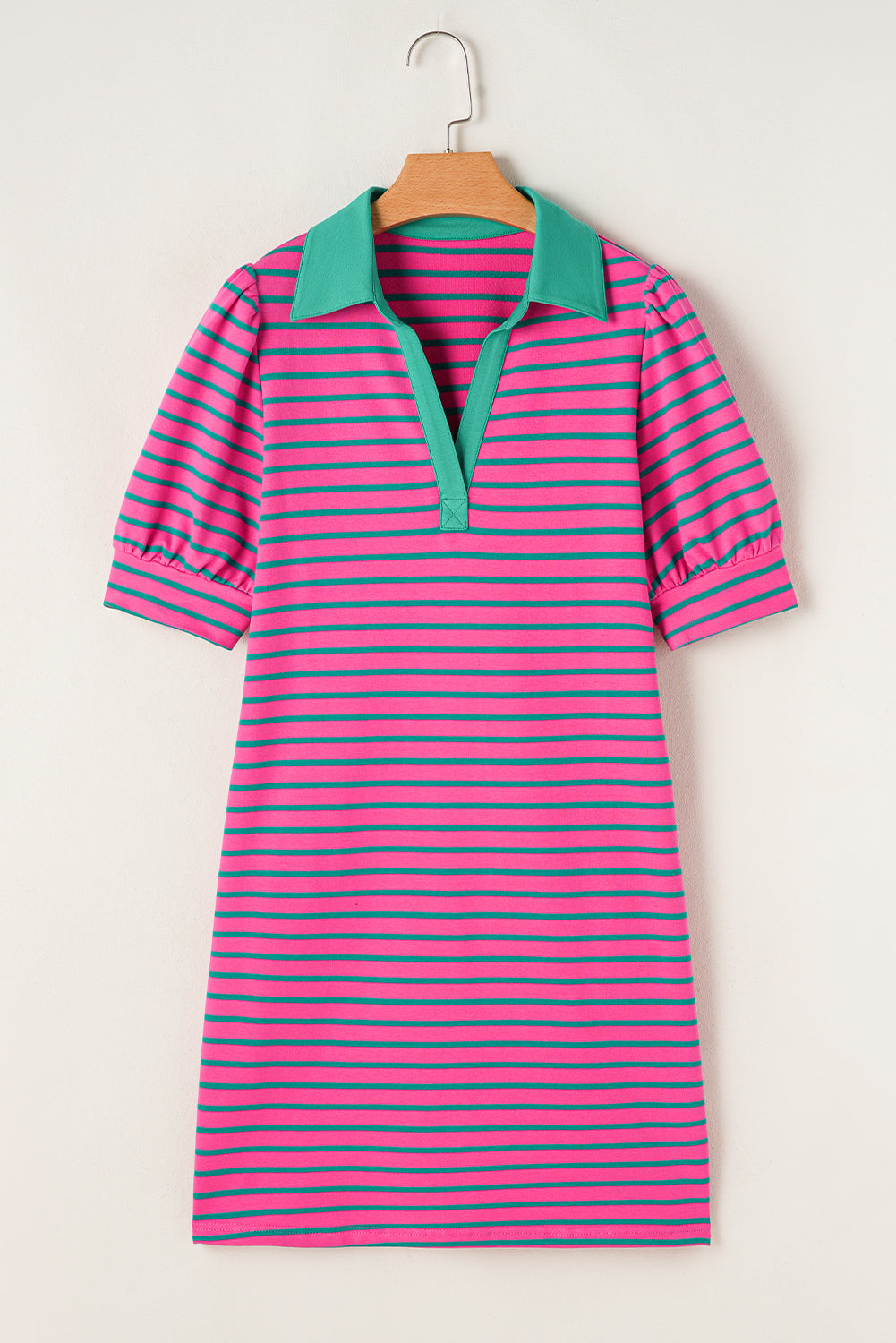 Pink Stripe Collared V Neck Puff Sleeve T Shirt Dress T Shirt Dresses JT's Designer Fashion