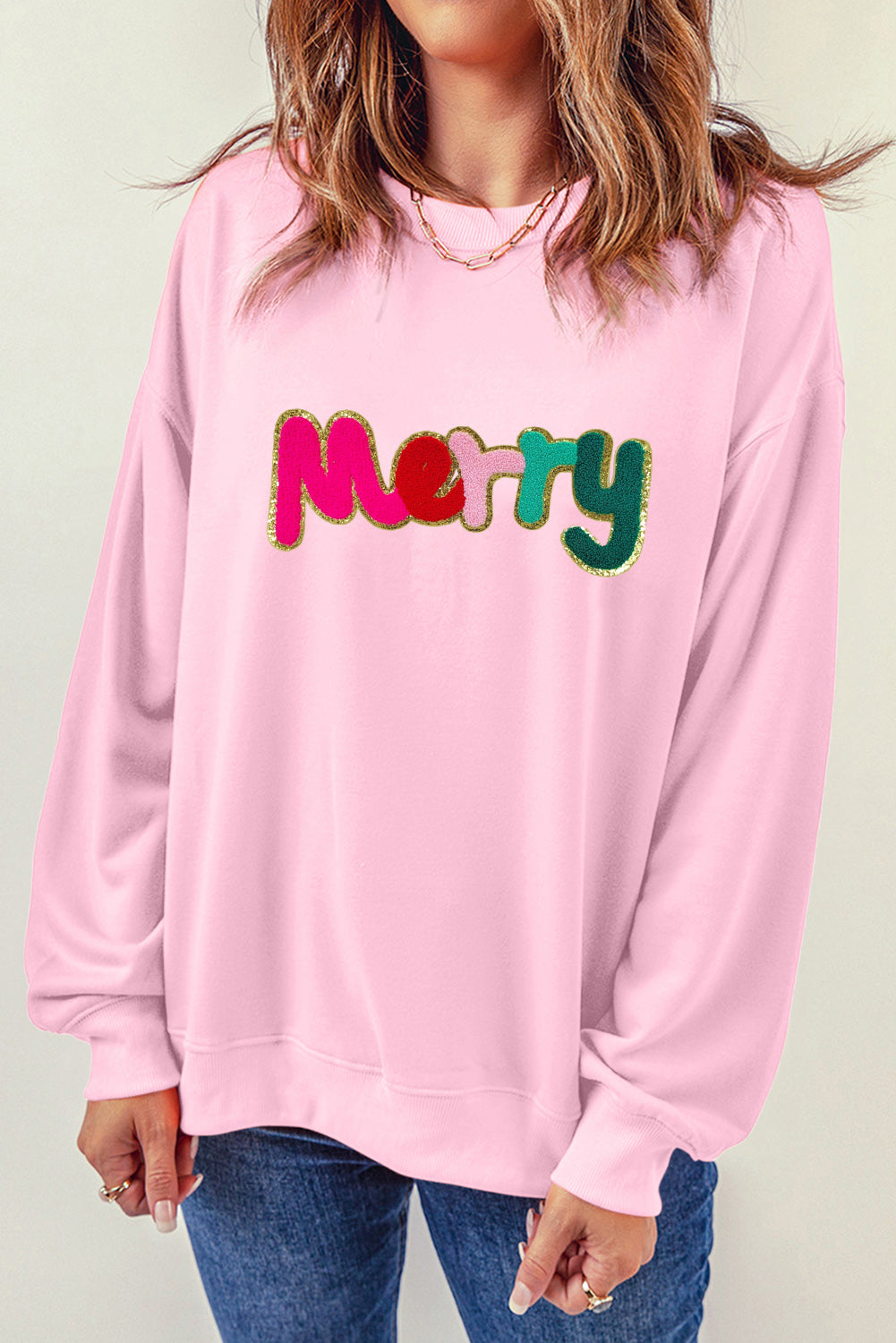 Pink Chenille Merry Graphic Christmas Sweatshirt Graphic Sweatshirts JT's Designer Fashion