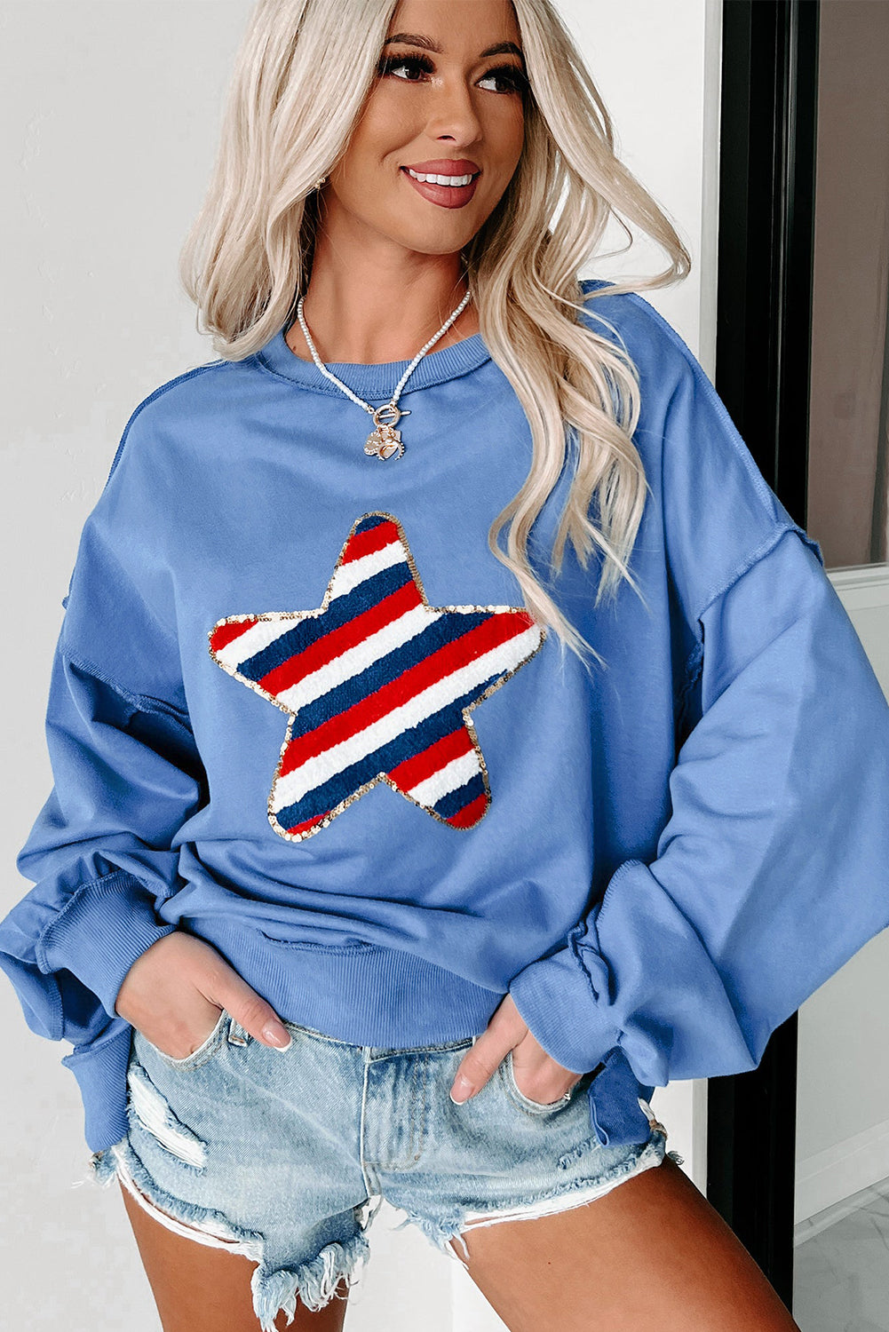 Sky Blue Sequin Trim Embroidered Star USA Pattern Sweatshirt Sweatshirts & Hoodies JT's Designer Fashion