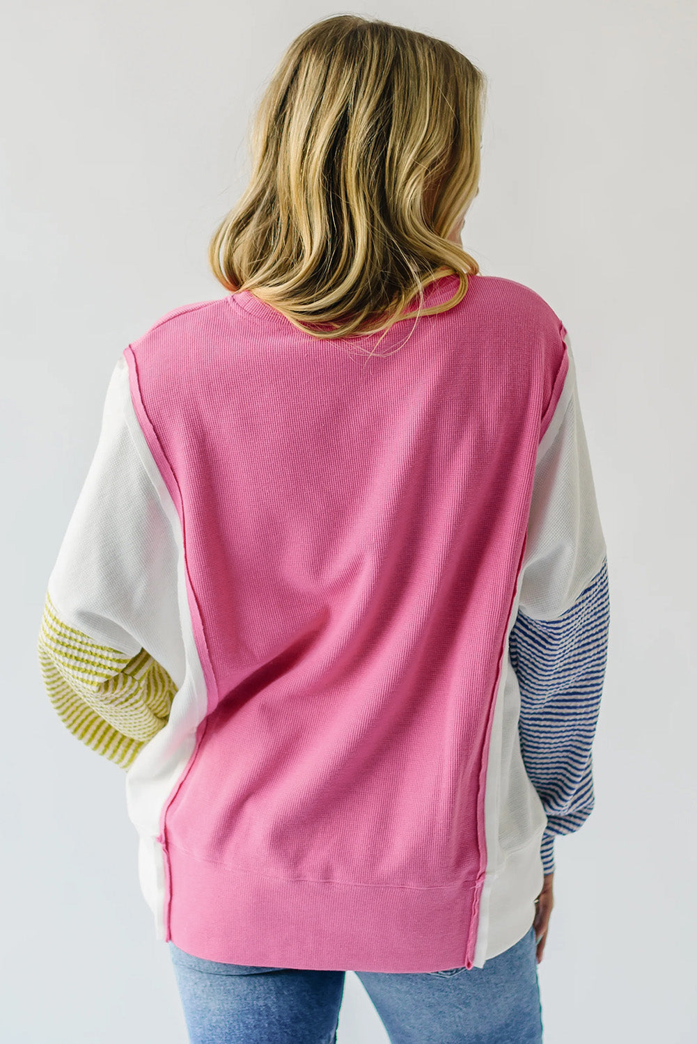 Sachet Pink Exposed Seam Striped Color Block Patchwork Long Sleeve Top Long Sleeve Tops JT's Designer Fashion