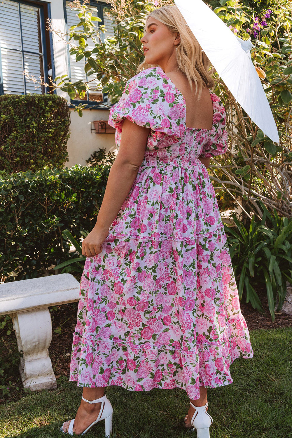 Pink Floral Smocked Puff Sleeve Long Curvy Dress Plus Size JT's Designer Fashion