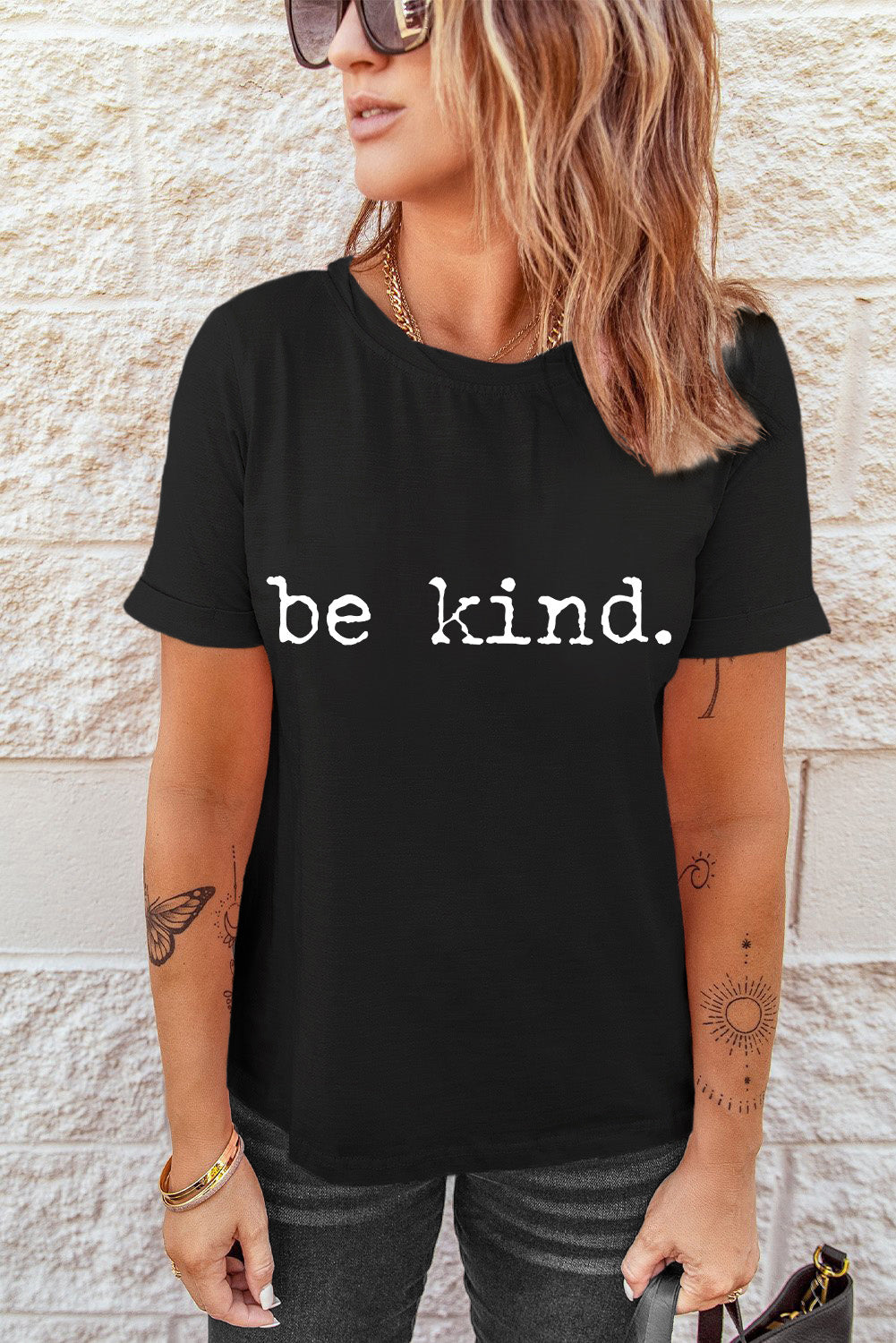 Black be kind Letter Print Round Neck Casual T Shirt Graphic Tees JT's Designer Fashion