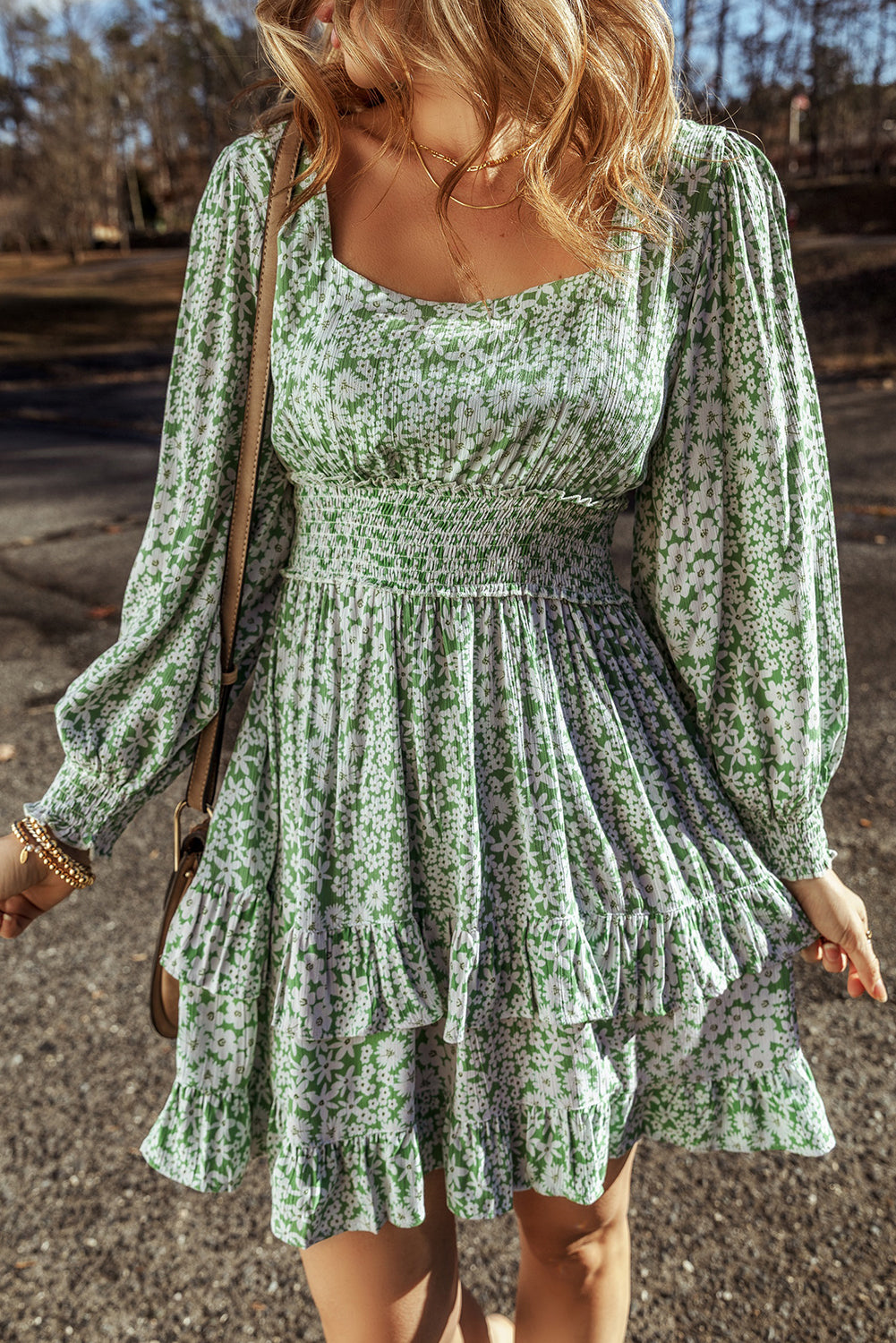 Green Floral Print Square Neck Shirred Waist Tiered Ruffled Mini Dress Floral Dresses JT's Designer Fashion