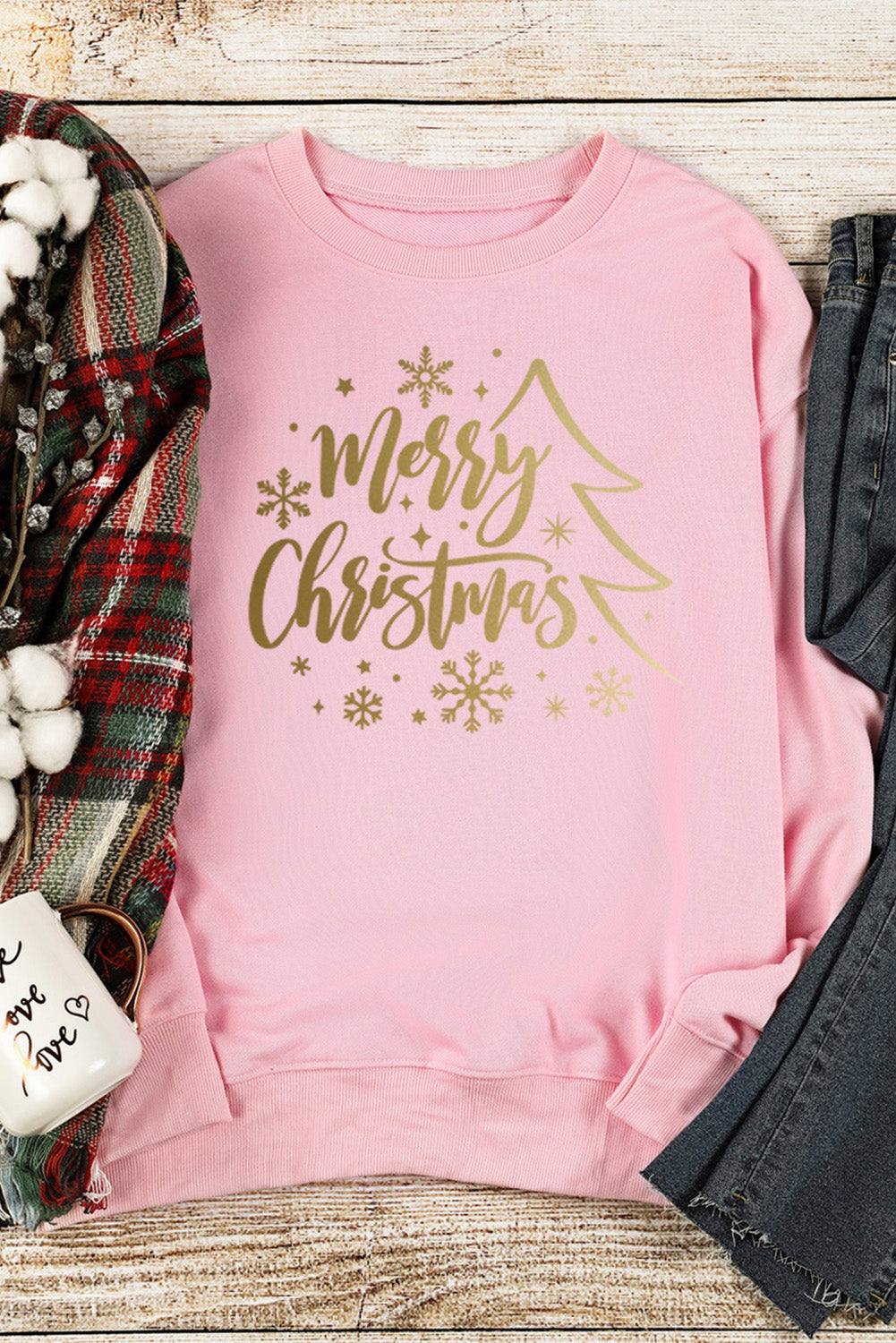 Pink Merry Christmas Snowflake Glitter Print Pullover Sweatshirt Graphic Sweatshirts JT's Designer Fashion