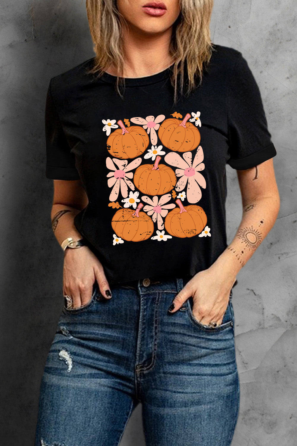 Black Pumpkin Flower Square Graphic Tee Graphic Tees JT's Designer Fashion