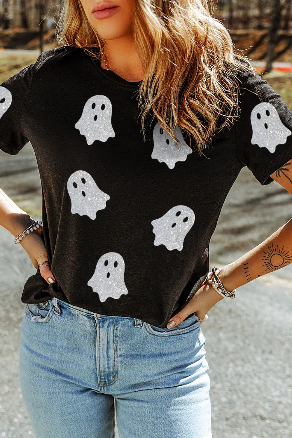 Glitter Ghost Round Neck Short Sleeve T-Shirt Graphic Tees JT's Designer Fashion