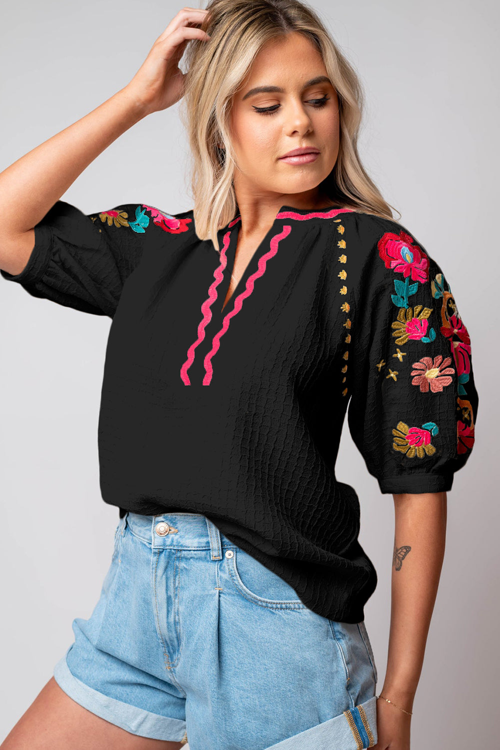 Black Floral Embroidered Ricrac Puff Sleeve Textured Blouse Pre Order Tops JT's Designer Fashion