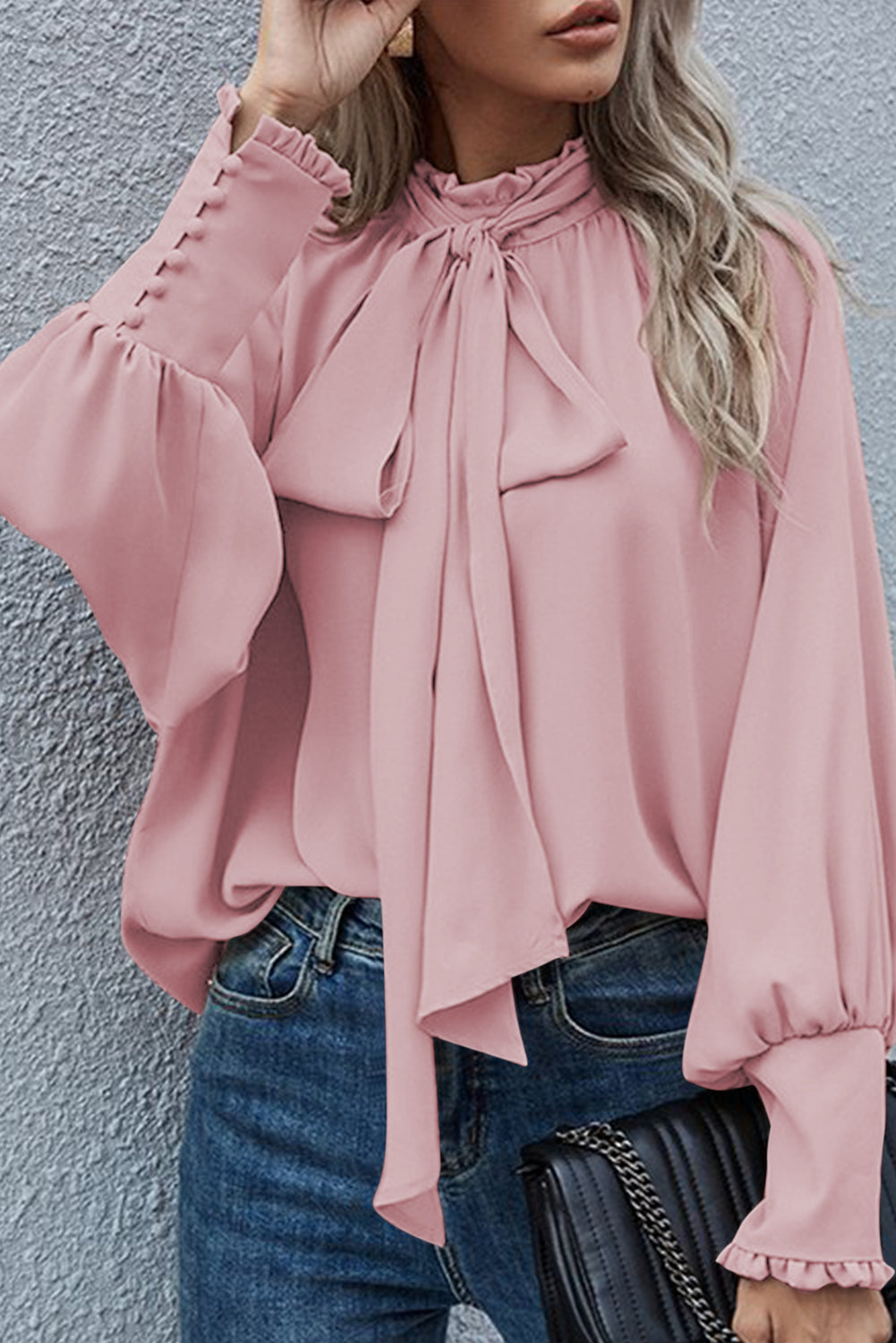 Pink Frilled Knotted Mock Neck Bishop Sleeve Blouse Blouses & Shirts JT's Designer Fashion