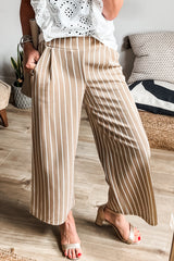 Khaki Stripe Pleated High Waist Wide Leg Loose Pants Bottoms JT's Designer Fashion
