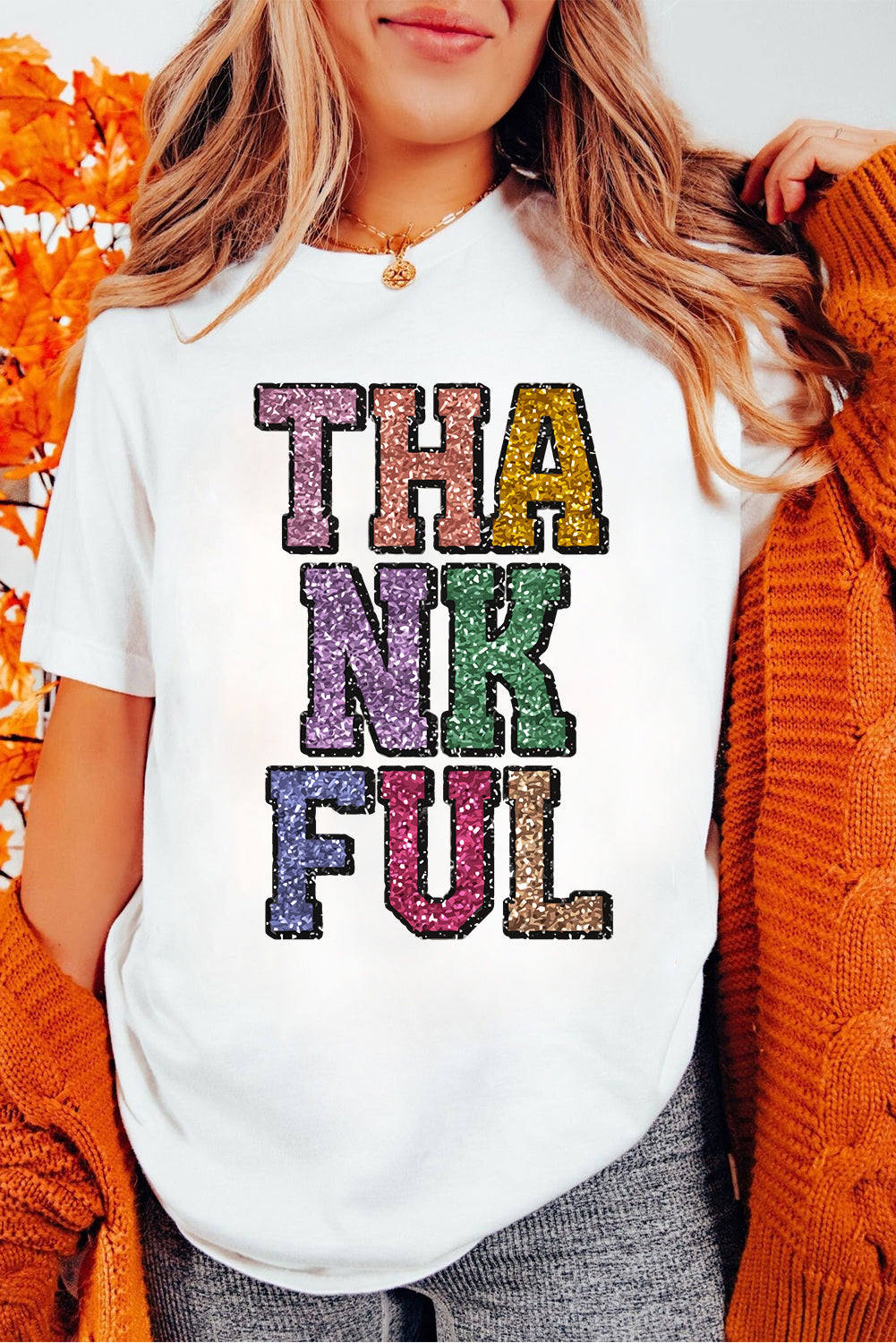 White Heat-transfer Printed THANKFUL Letter Graphic T Shirt Graphic Tees JT's Designer Fashion