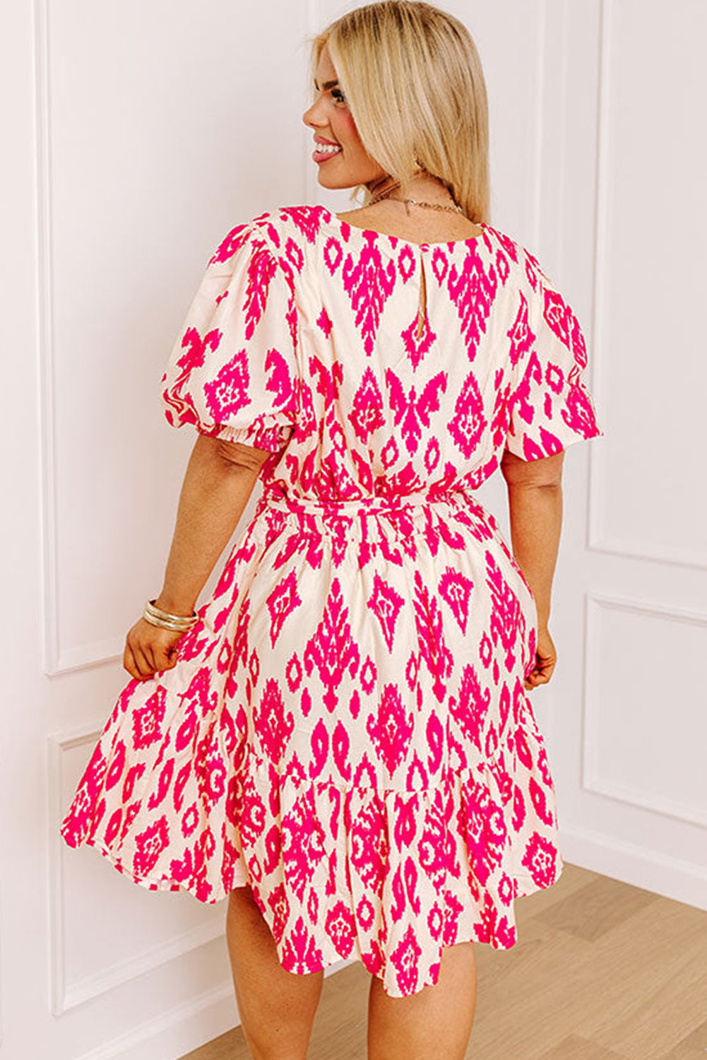 Pink Printed Plus Size Button Keyhole Belted Ruffle Dress Plus Size JT's Designer Fashion