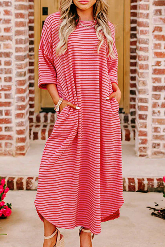 Strawberry Pink Striped 3/4 Sleeve Round Hem Shift T Shirt Dress T Shirt Dresses JT's Designer Fashion