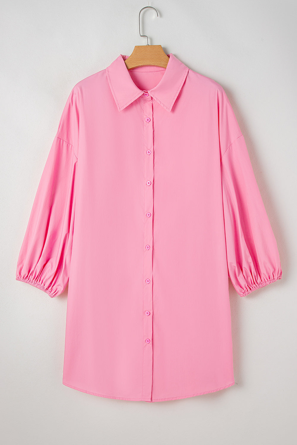 Bright Pink Balloon Sleeve Button Up Mini Shirt Dress Mini Dresses JT's Designer Fashion