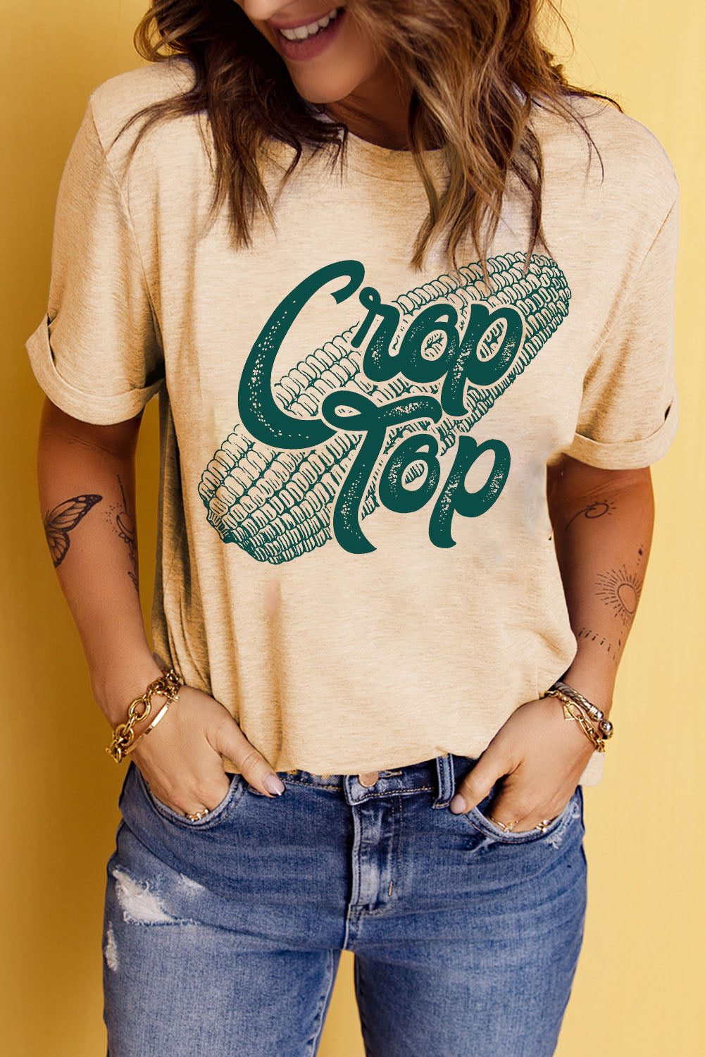 Khaki Corn Crop Top Graphic Tee Graphic Tees JT's Designer Fashion