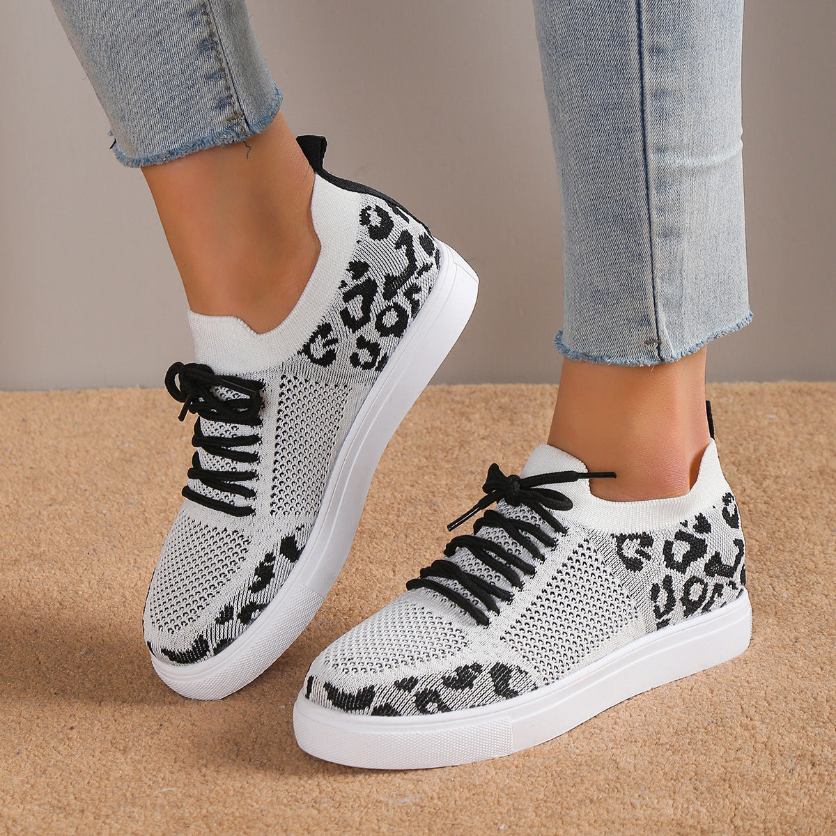 Lace-Up Leopard Flat Sneakers White Shoes JT's Designer Fashion