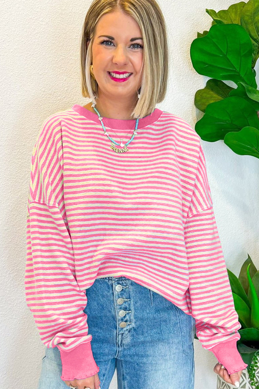 Pink Stripe Loose Drop Shoulder Long Sleeve Top Long Sleeve Tops JT's Designer Fashion