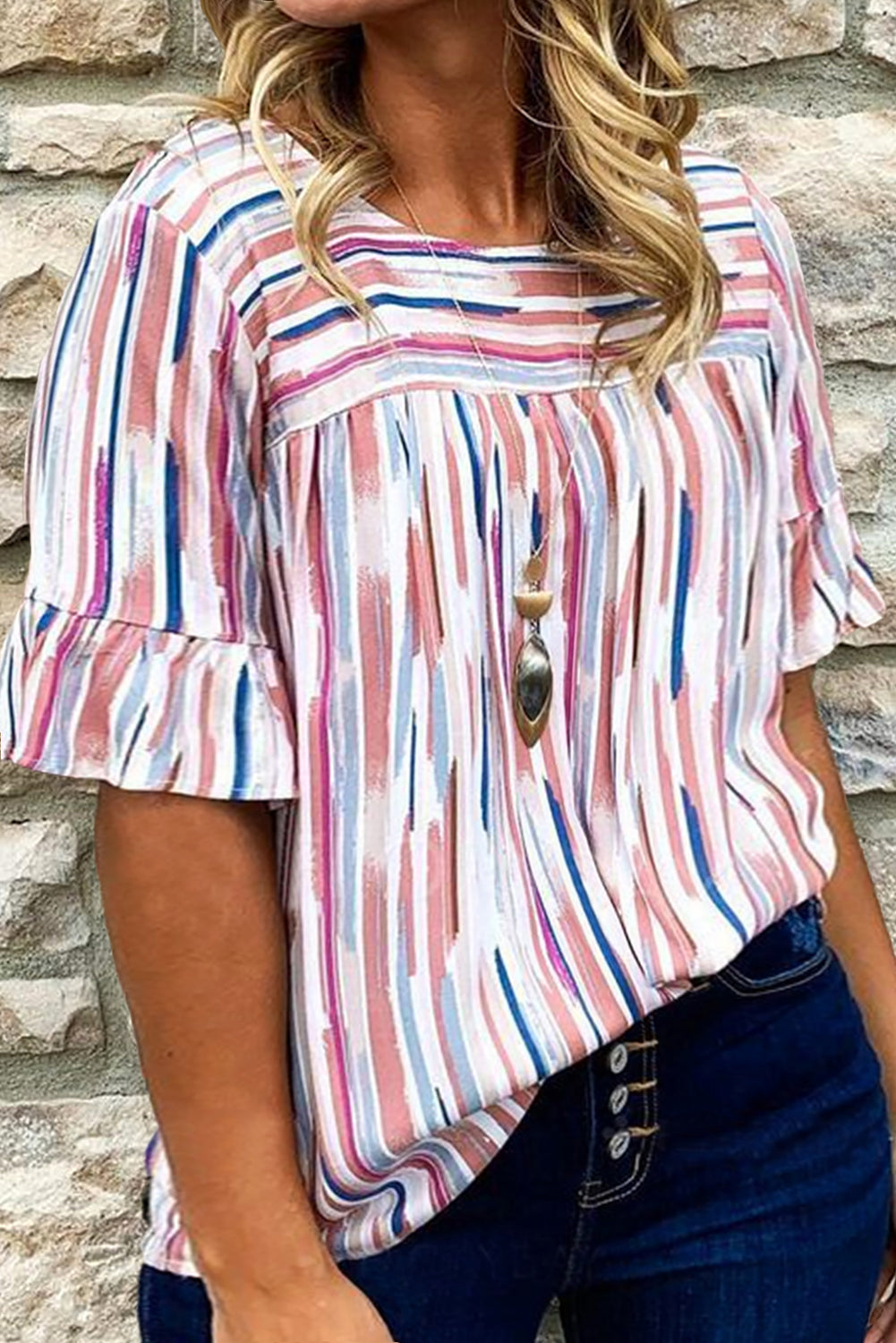 White Stripe Ruffled Short Sleeve Plus Size Blouse Plus Size JT's Designer Fashion