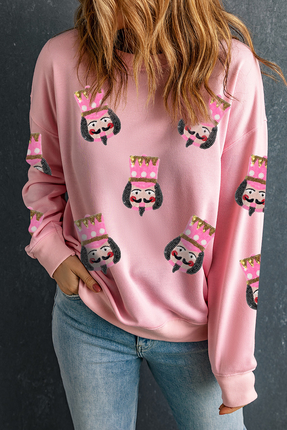 Pink Sequin Nutcracker Graphic Drop Shoulder Christmas Sweatshirt Pink 50%Polyester+50%Cotton Graphic Sweatshirts JT's Designer Fashion