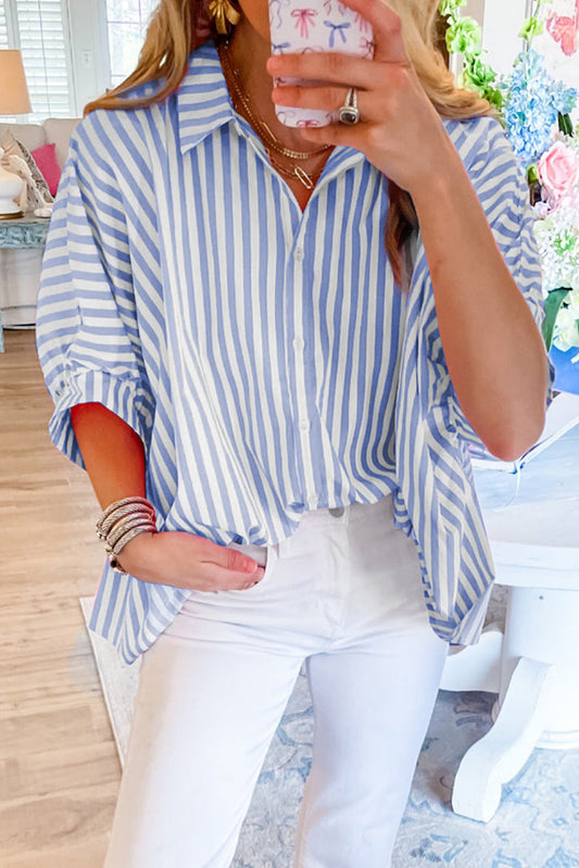 Sky Blue Stripe Dolman Sleeve Oversize Shirt Tops & Tees JT's Designer Fashion