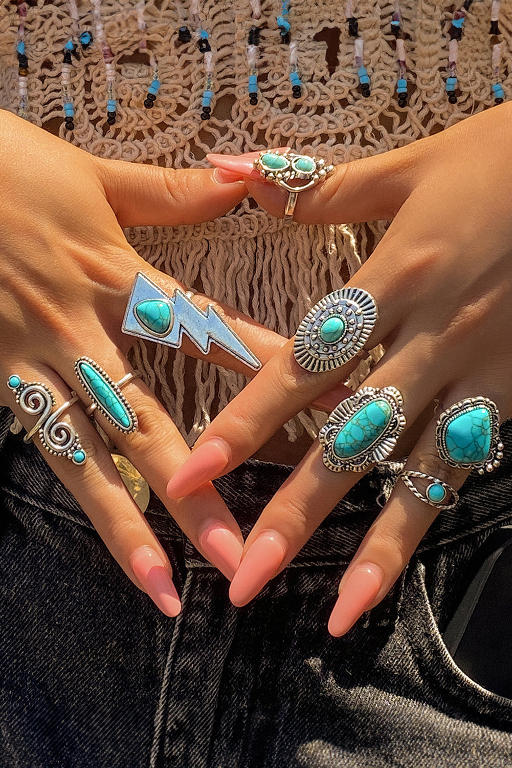 Silvery 8pcs Turquoise Inlay Western Ring Set Jewelry JT's Designer Fashion