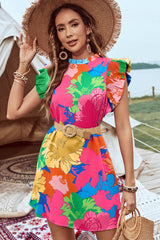 Pink Bold Floral Flutter Sleeve Shift Mini Dress with Pockets Floral Dresses JT's Designer Fashion