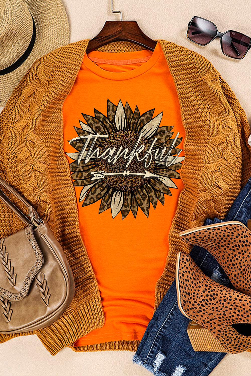 Orange Thankful Sunflower Graphic T Shirt Graphic Tees JT's Designer Fashion