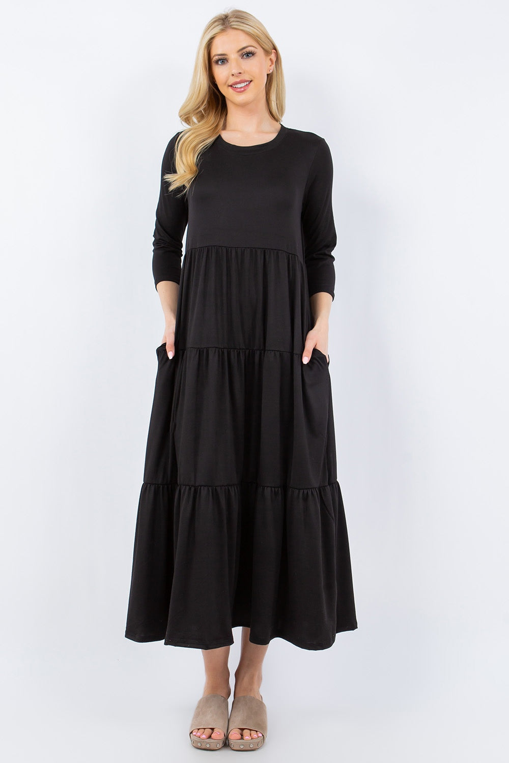 Celeste Full Size Tiered Midi Dress with Pockets Black Maxi Dresses JT's Designer Fashion