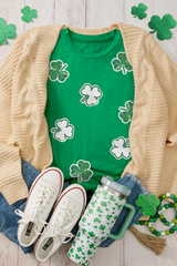 Bright Green St Patricks Sequined Clover Pattern T Shirt Graphic Tees JT's Designer Fashion
