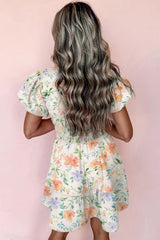 Beige Floral Print Shirred High Waist Puff Sleeve Mini Dress Floral Dresses JT's Designer Fashion