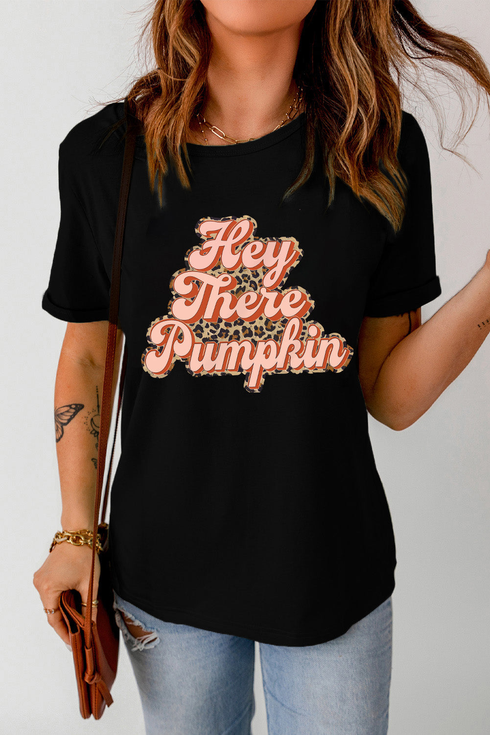 Black Hey There Pumpkin Leopard Graphic Tee Graphic Tees JT's Designer Fashion